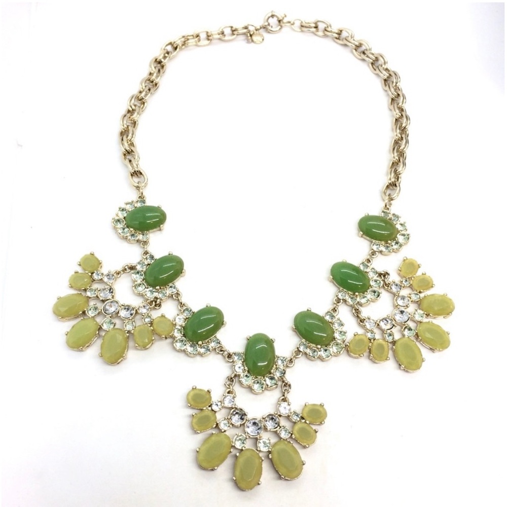 🆕 J. Crew Rare Green and Gold Flower Cabochon Crystal Fan Statement Bib Necklace